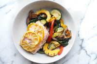  Roasted Veggie & Salmon Bake